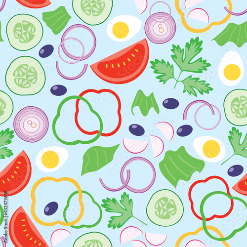 Fototapeta Naklejka Na Ścianę i Meble -  light blue seamless pattern with tomatoes and cucumbers and eggs - vector background