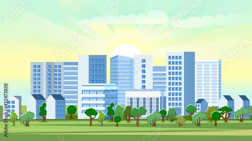 Cozy clean city. Modern, pleasant exterior. High-rise buildings and small houses. Parks, trees and lawns. Flat style. Vector