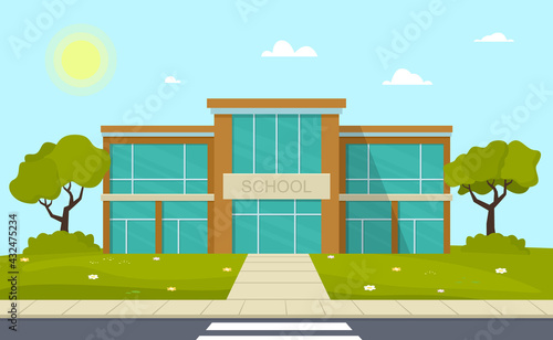 School building facade. Public educational institution exterior. Vector illustration.