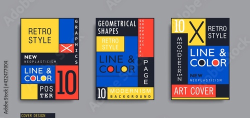 Modern Neoplasticism style posters. Mondrian style geometric composition. Vector banners design