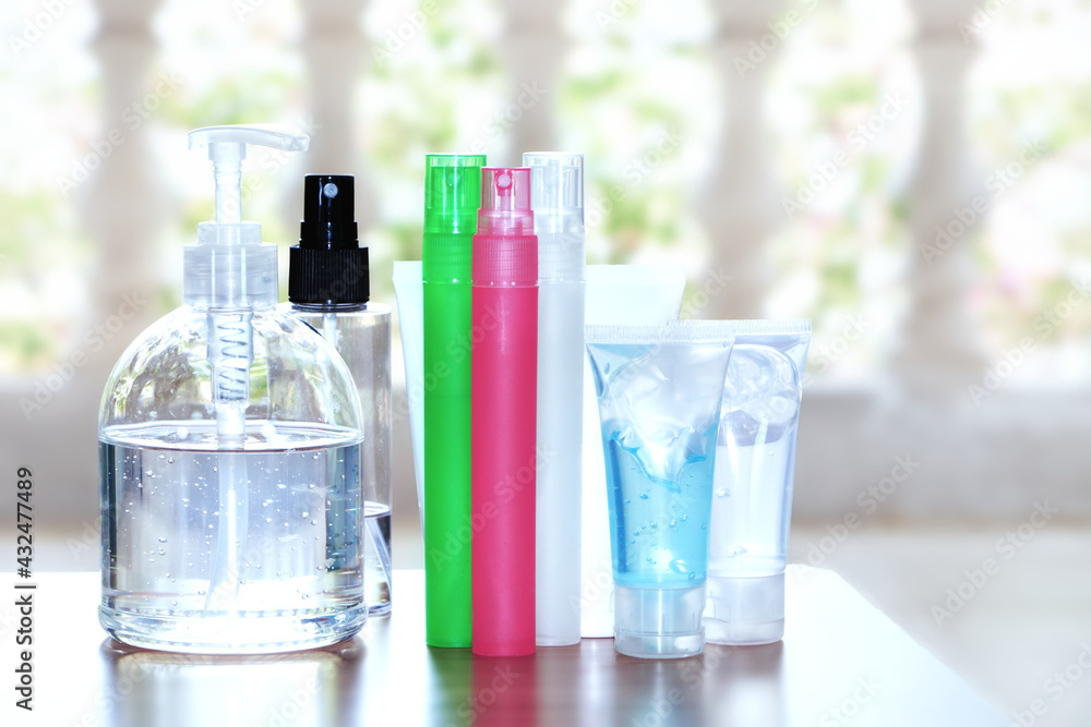 Set of hand gel sanitizers on the table. Hand hygiene corona virus protection. Set of hand gel sanitizers on the table. Hand hygiene corona virus protection.
