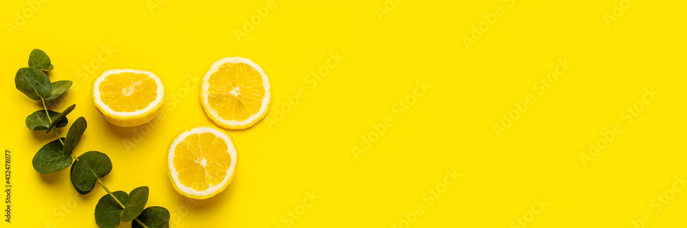 cut lemon, lemon wedges and a sprig of eucalyptus on a yellow background cut lemon, lemon wedges and a sprig of eucalyptus on a yellow background