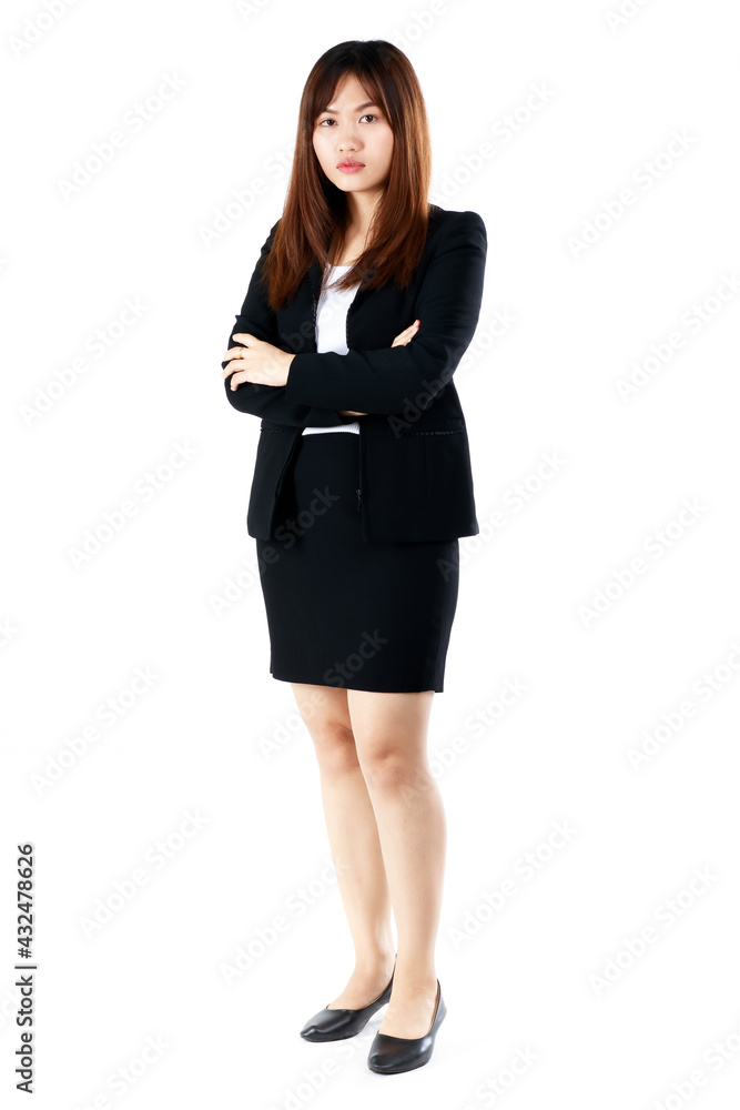 Full body shot portrait of young teen businesswoman smile with cute and self-confident starting working life in modern office. Concept for newly graduated students and the first day of job career Full body shot portrait of young teen businesswoman smile with cute and self-confident starting working life in modern office. Concept for newly graduated students and the first day of job career