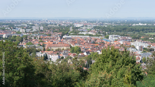 Cityscape of Karlsruhe - Durlach, panoramic aerial view from the „Turmberg“ (means: tower hill) in times of Coronavirus pandemic