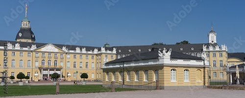 Karlsruhe, Germany - Sept. 11, 2020: castle "Karlsruhe Palace", panoramic view from the outdoor park area in times of Coronavirus pandemic