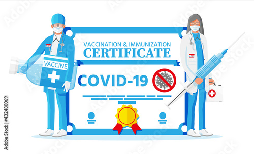 Covid-19 vaccination passport. Vaccinated health document as proof person is immune to disease. Coronavirus immune pass, doctors, syringe. Corona virus vaccine certification. Flat vector illustration