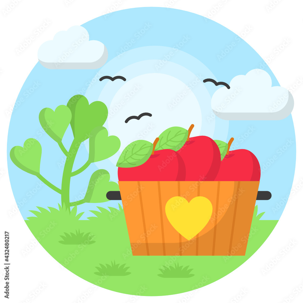 Fototapeta premium Fruit Farm Concept, Fruits in Bucket with sky and clouds Vector Color Icon Design, Nature Lover Symbol, Heart in nature Stock illustration, Beautiful Landscape scenery Ideas in Round Shape,