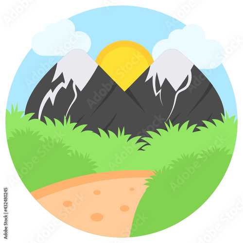 Sun Rising behind Mountains Concept, Hills with Cloudy Sky Vector Color Icon Design, Nature Lover Symbol, Heart in nature Stock illustration, Beautiful Landscape scenery Ideas in Round Shape,