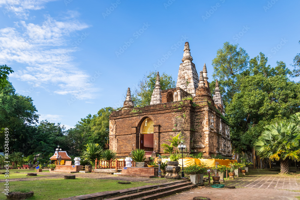 Wat Chet Yot or Photharam Maha Wihan Temple, with ancient unique seven tops designed pagoda or stupa as central sanctuary, Chiang Mai, Thailand