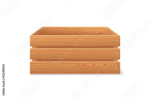 Wooden crate, wood garden box for fruits and vegetables. 3d basket from brown timber for harvest in front view. Vector realistic empty crate isolated on white background