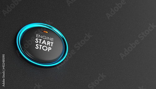 Engine start stop button. Car dashboard element. Luxury car is a new technology used of starting the engine. Button to start the engine with inscription start, stop background. 3D illustration.