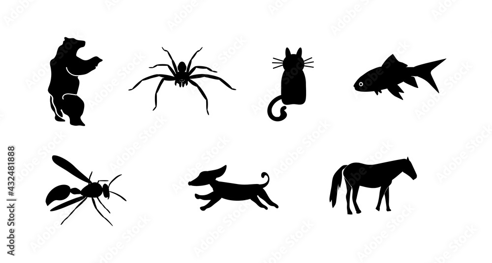Set of black icons on a white background. 
Bear, spider, dachshund, cat, wasp, fish and horse. 
Animals icons. Pets. Vector stock illustration. 
White background. Black color.