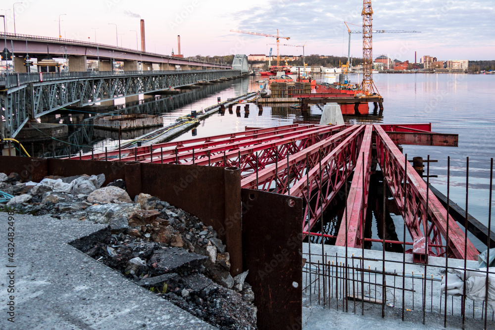 Naklejka premium Stockholm, Sweden The old Lidingo bridge and new one under construction.