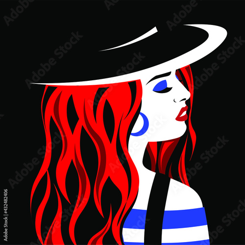 Young woman model in profile in pop art style. Sexy girl for advertising with bright hair.