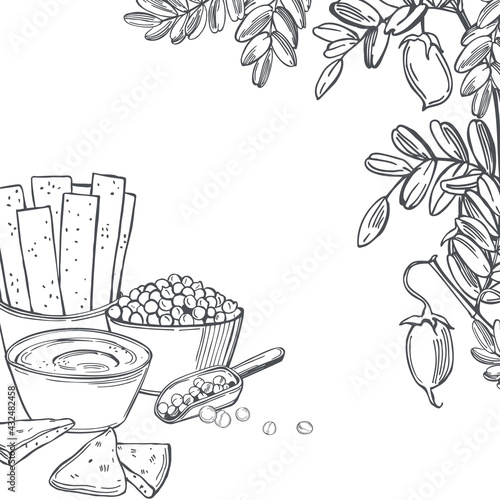 Hummus cooking and ingredients for hummus.   Vector background.