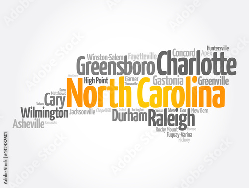 List of cities in North Carolina USA state, map silhouette word cloud map concept background
