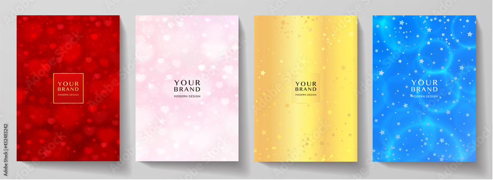 Holiday cover design set. Abstract romantic red, pink, gold, blue background with heart symbol, stars. Elegant vector template for invitation (invite), Birthday card, greeting valentine or gift card Holiday cover design set. Abstract romantic red, pink, gold, blue background with heart symbol, stars. Elegant vector template for invitation (invite), Birthday card, greeting valentine or gift card