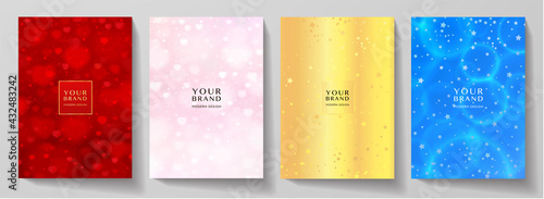 Holiday cover design set. Abstract romantic red, pink, gold, blue background with heart symbol, stars. Elegant vector template for invitation (invite), Birthday card, greeting valentine or gift card