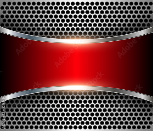 Metallic background perforated metal with chrome shine and red banner, elegant silver technological  background in 3D, interesting steel texture pattern, vector illustration.