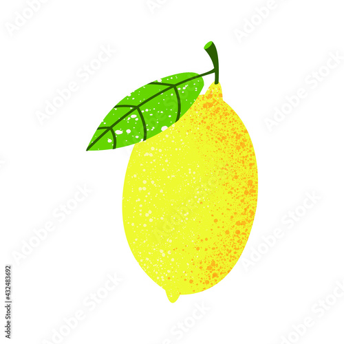 Whole ripe lemon with green leaf, isolated on white. Cute print for printing on decorative pillows, kitchen textiles, clothing. Vector graphics.