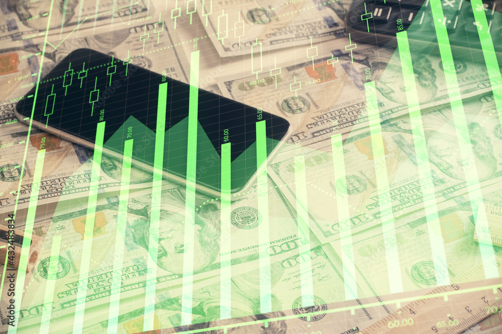 Double exposure of forex graph drawing over us dollars bill background. Concept of financial markets.