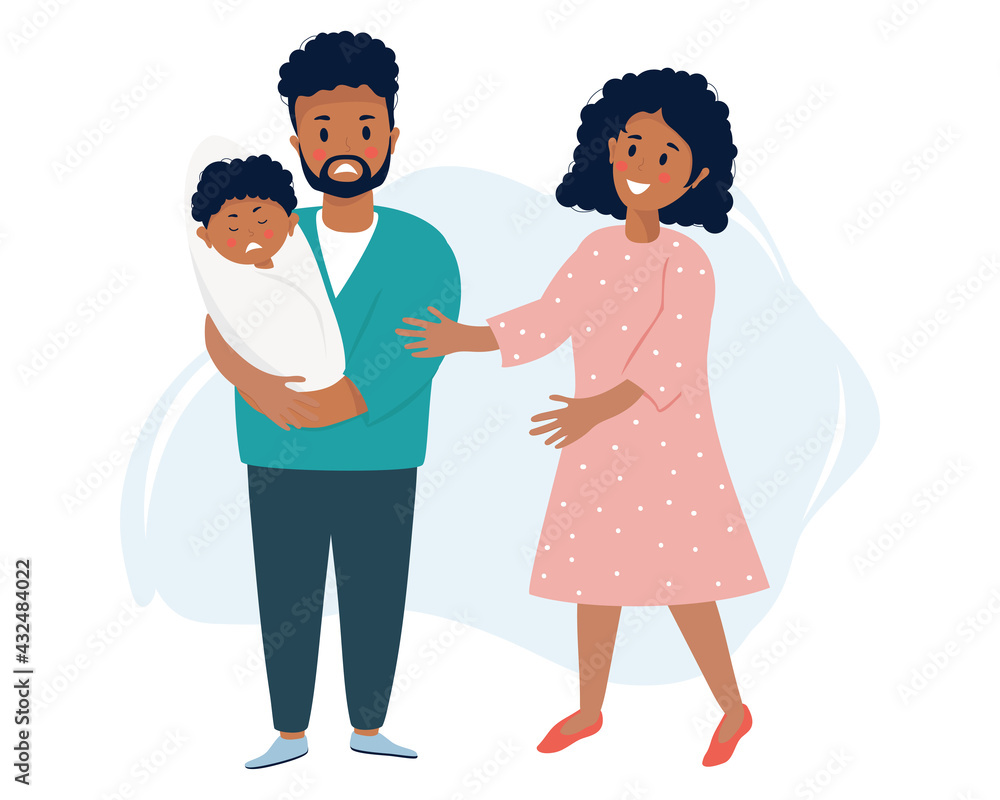 A dark-skinned ethnic family with a newborn son, a stressful situation. A sad black man holds a crying baby in his arms. Nearby, a woman comforts. Vector illustration. Family life and emotions concept A dark-skinned ethnic family with a newborn son, a stressful situation. A sad black man holds a crying baby in his arms. Nearby, a woman comforts. Vector illustration. Family life and emotions concept