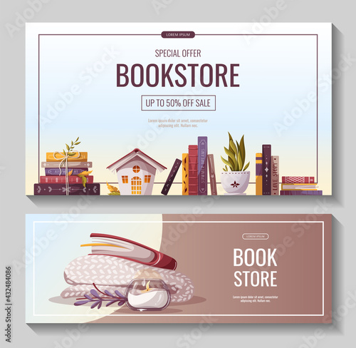 Promo banners for bookstore, bookshop, library, book lover, e-book, education. Vector illustration for poster, banner, advertising, flyer.