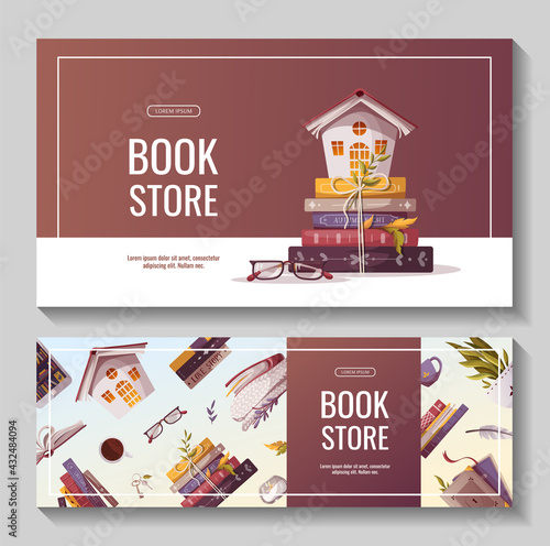 Promo banners for bookstore, bookshop, library, book lover, e-book, education. Vector illustration for poster, banner, advertising, flyer.