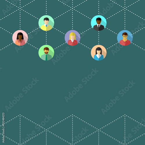 Diverse people connected by dotted lines. Business or social networking, communication, connection and diversity concept. Flat design with copy space.