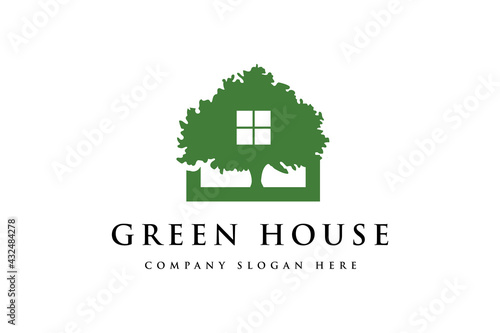 green House with tree Logo design. Vector green house logo vector illustration