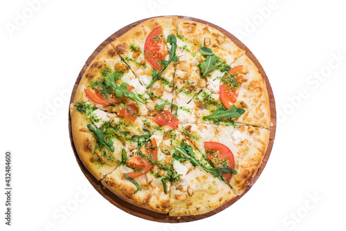 Toscana pizza on wooden plate isolated on white background