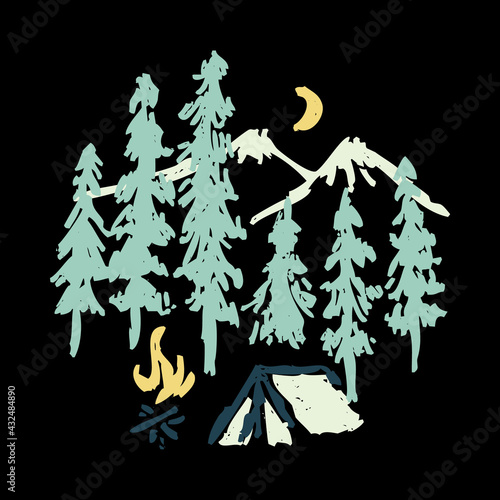Camping nature adventure wild line badge patch pin graphic illustration vector art t-shirt design