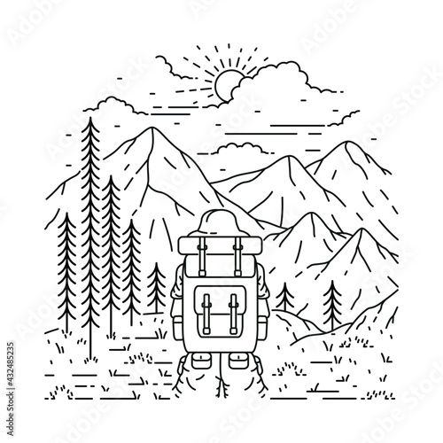 Camping nature adventure wild line badge patch pin graphic illustration vector art t-shirt design