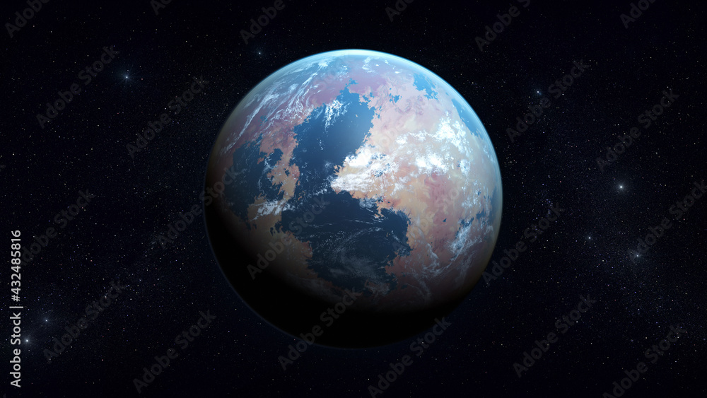 Fototapeta premium Fictional planet in space, super Earth with clouds, blue reflection on surface