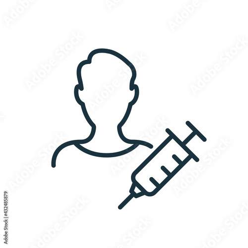 Vaccine Injection for Men. Syringe and Man line icon. Coronavirus vaccination for boy. Editable Stroke. Vector illustration