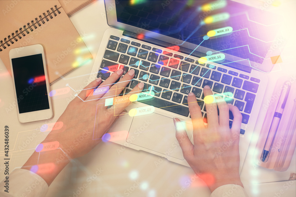 Double exposure of woman hands working on computer and data theme hologram drawing. Top View. Technology concept. Double exposure of woman hands working on computer and data theme hologram drawing. Top View. Technology concept.
