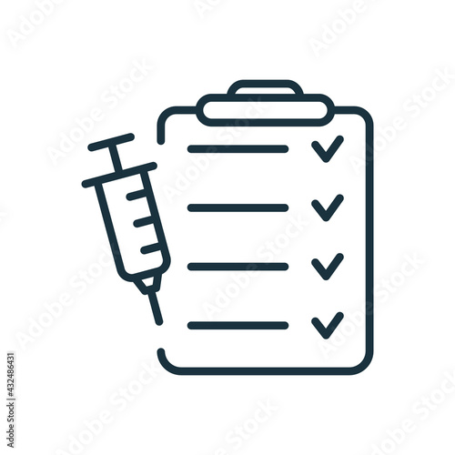 Check List with Vaccine. Vaccine Report line icon. Clipboard and Syringe icon. Schedule of vaccination. Editable stroke. Vector illustration