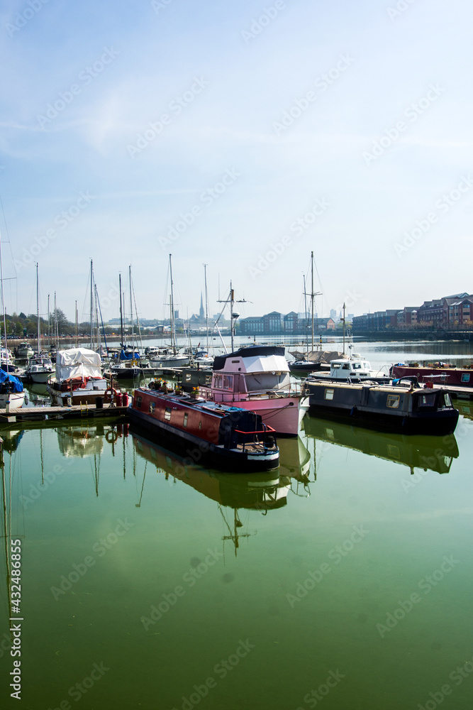 Boats moored at Preston Marina, Lancashire, UK.