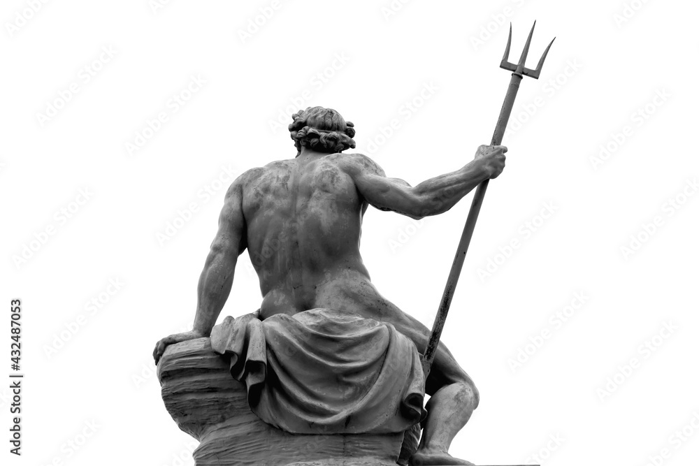 Obraz premium The mighty god of the sea and oceans Neptune (Poseidon). Back view of ancient statue against white background.