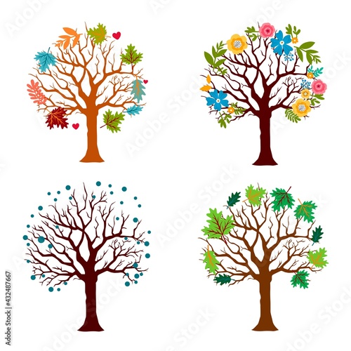 Set of season trees with leaves, flowers, snow. Vector illustration