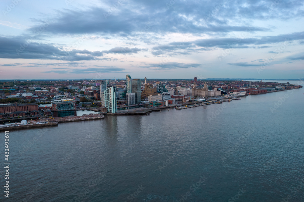 Aerial shot of the Liverpool skyline featuring the Three Graces Aerial shot of the Liverpool skyline featuring the Three Graces