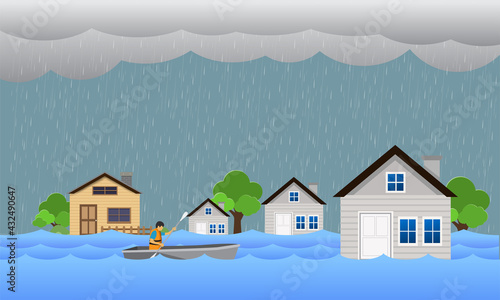Flood natural disaster with house, heavy rain and storm , damage with home, flooding water in city