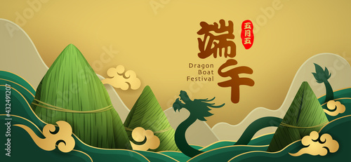 Dragon Boat Festival rice dumpling and dragon on paper graphic mountain scene background. Translation - Dragon Boat Festival, 5th of May Lunar calendar. photo