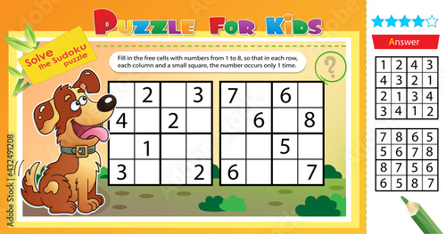 Solve the sudoku puzzle with a fun dog. Logic puzzle for kids. Education game for children. Worksheet vector design for schoolers.