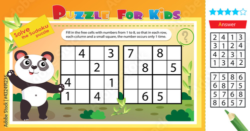 Solve the sudoku puzzle together with the panda. Logic puzzle for kids. Education game for children. Worksheet vector design for schoolers.