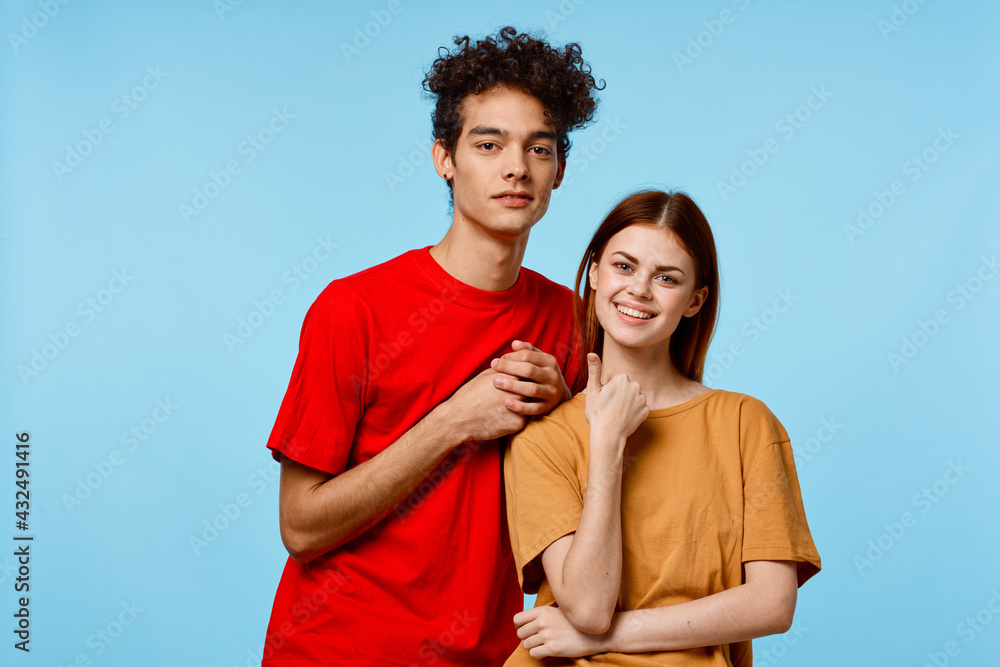 cheerful young couple hugs communication fun fashion cheerful young couple hugs communication fun fashion