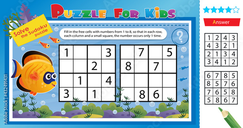 Solve the sudoku puzzle together with the fun little fish. Logic puzzle for kids. Education game for children. Worksheet vector design for schoolers.