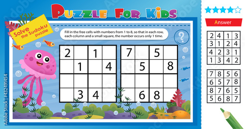 Solve the sudoku puzzle together with the fun little jellyfish. Logic puzzle for kids. Education game for children. Worksheet vector design for schoolers.