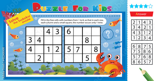 Solve the sudoku puzzle together with the fun little crab. Logic puzzle for kids. Education game for children. Worksheet vector design for schoolers.
