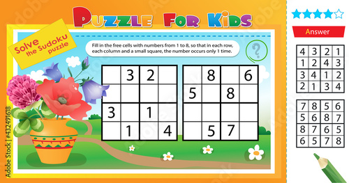 Solve the flowers sudoku puzzle. Logic puzzle for kids. Education game for children. Worksheet vector design for schoolers.